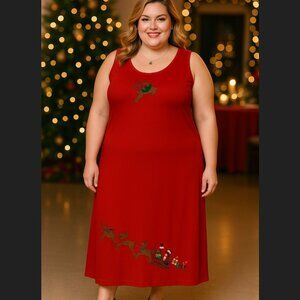 Vintage Westbound Christmas Dress 1X Red Reindeer Santa Sleigh Cotton Back Slit